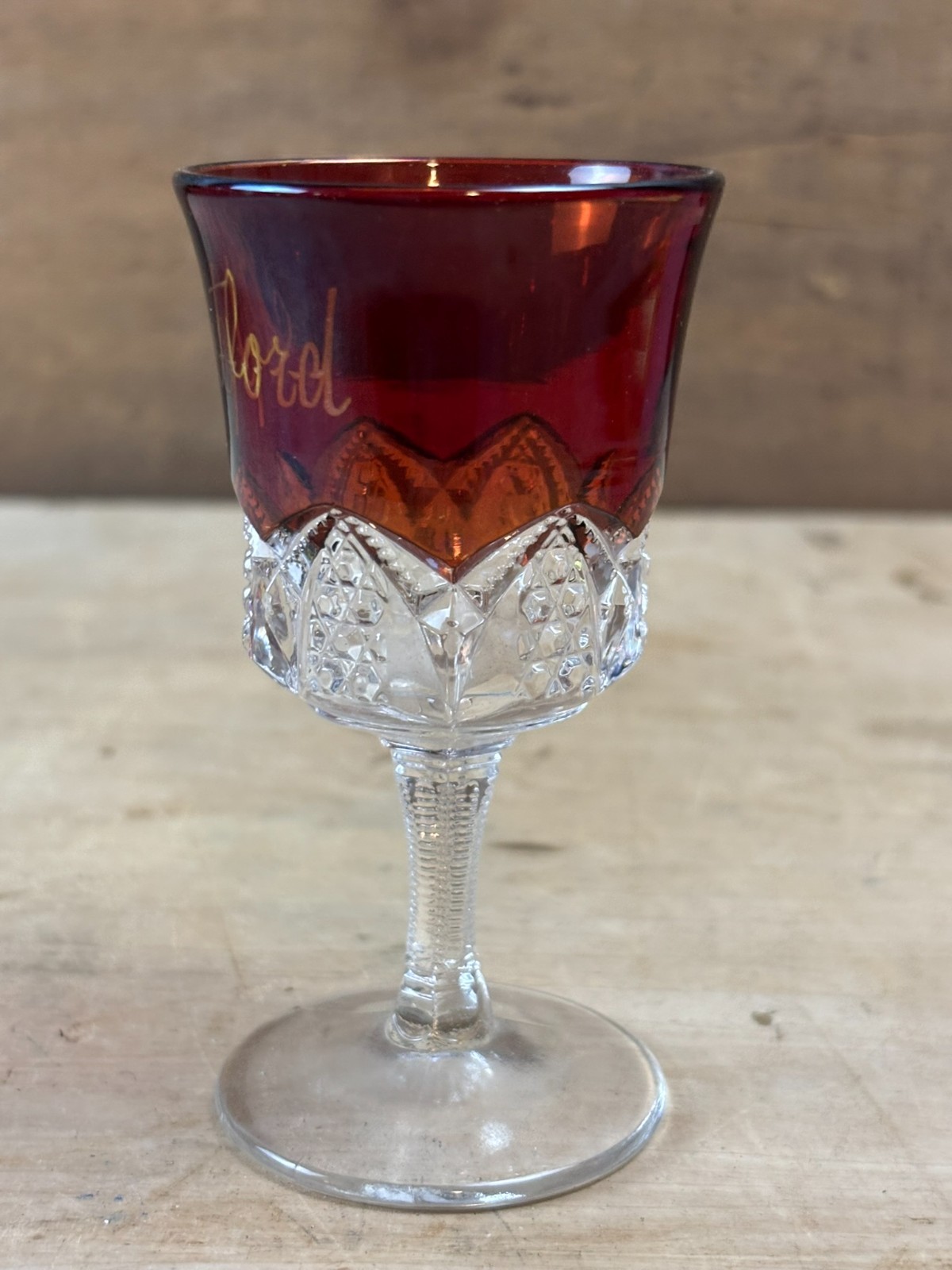 #44G Antique Stratford Ruby Red Flash Souvenir Glass Cut Glass Goblet