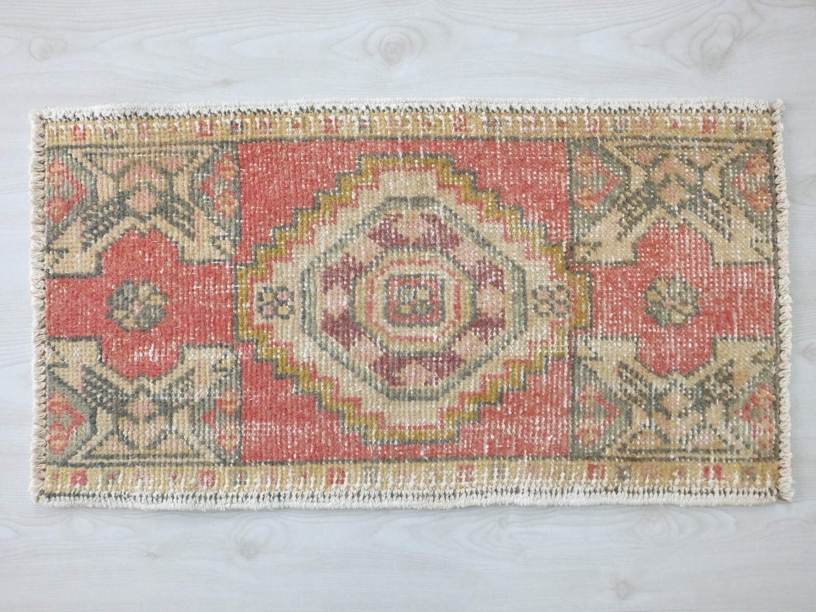 Red Faded Vintage Handmade Door Mat, 1.5×2.8ft, Antique Hand Knotted Small Rug,