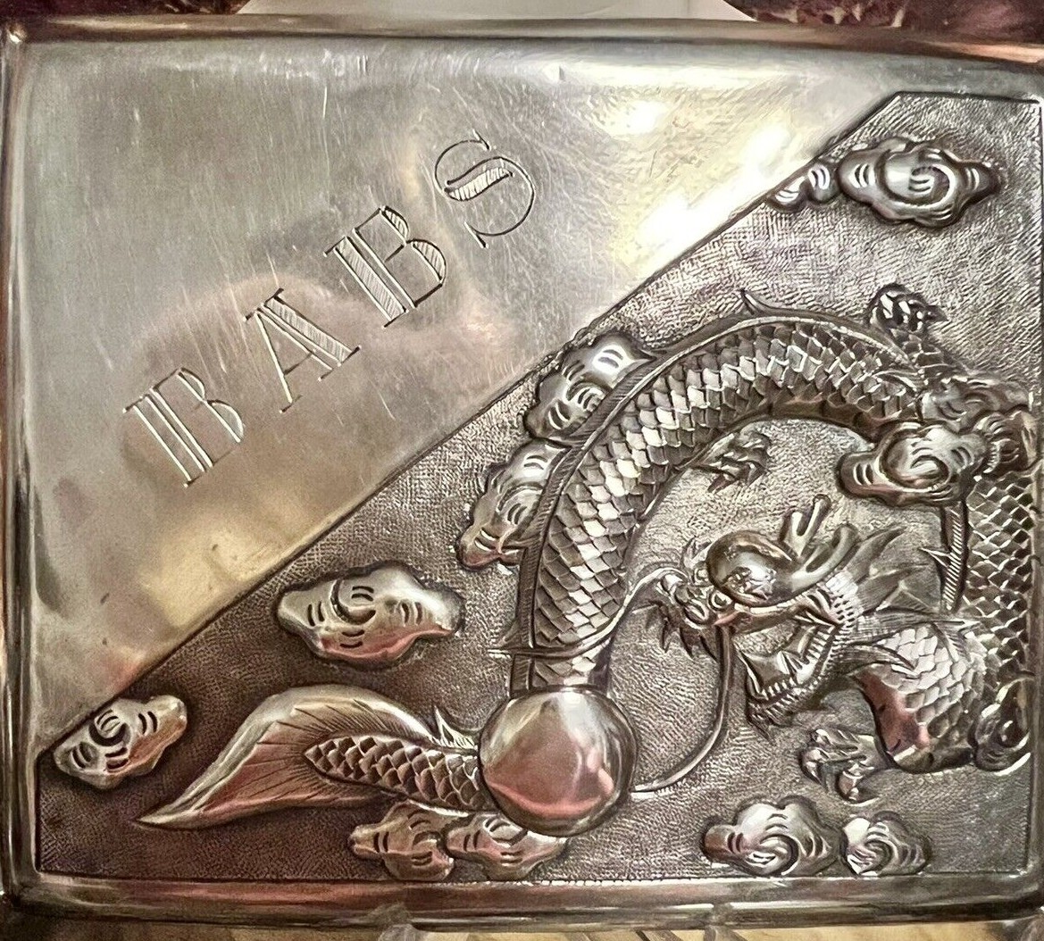 Antique Chinese Export Sterling Silver Dragon Cigarette Case Hallmark Monogram