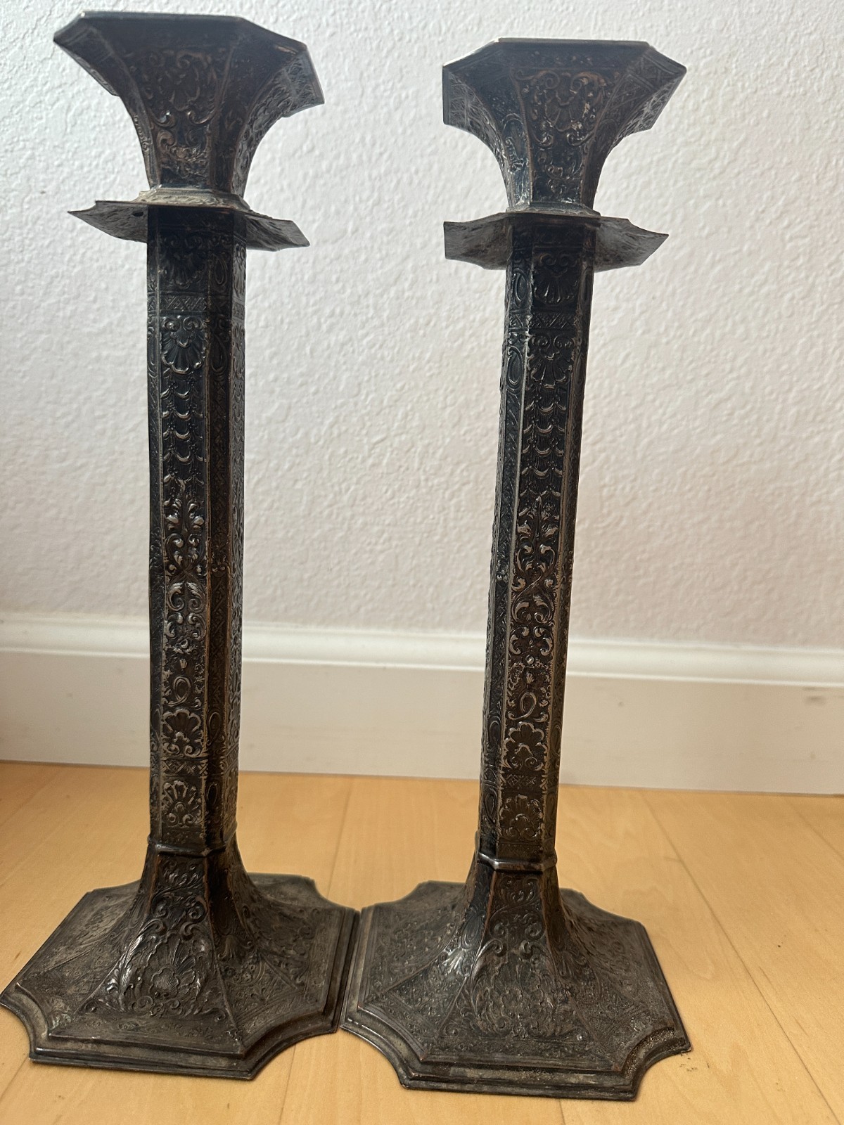 2 Antique Barbour Brothers 12″ Silver Plate 2105A Candlestick Holders; Beautiful