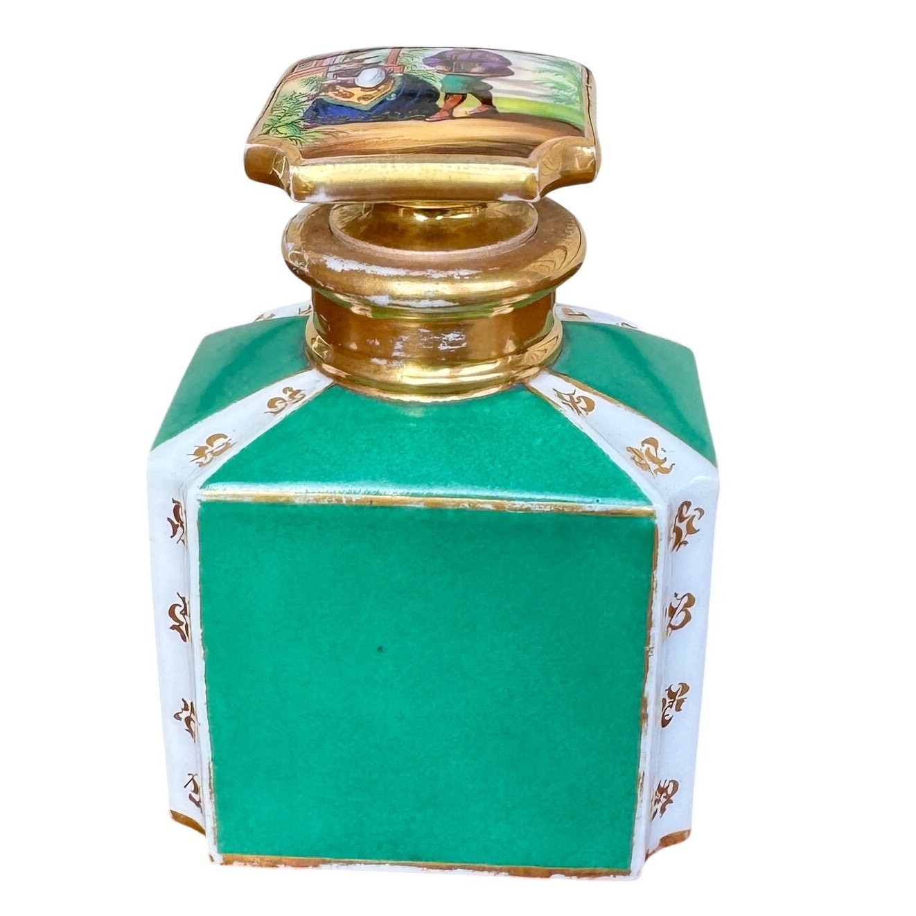 Antique 19th Century French Porcelain Perfume Bottle Hand Painted Figural Lid
