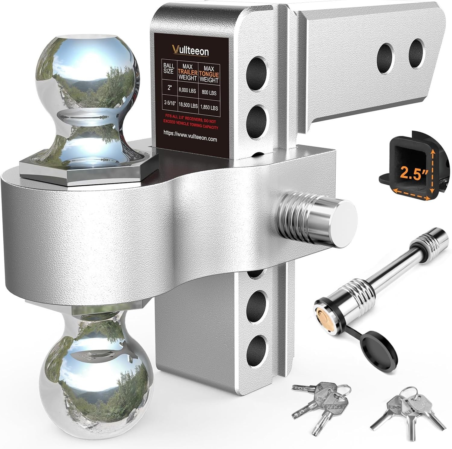 Drop Hitch 2.5 Inch Receiver, Vullteeon 6 Inch Adjustable Trailer Hitch Ball Mou