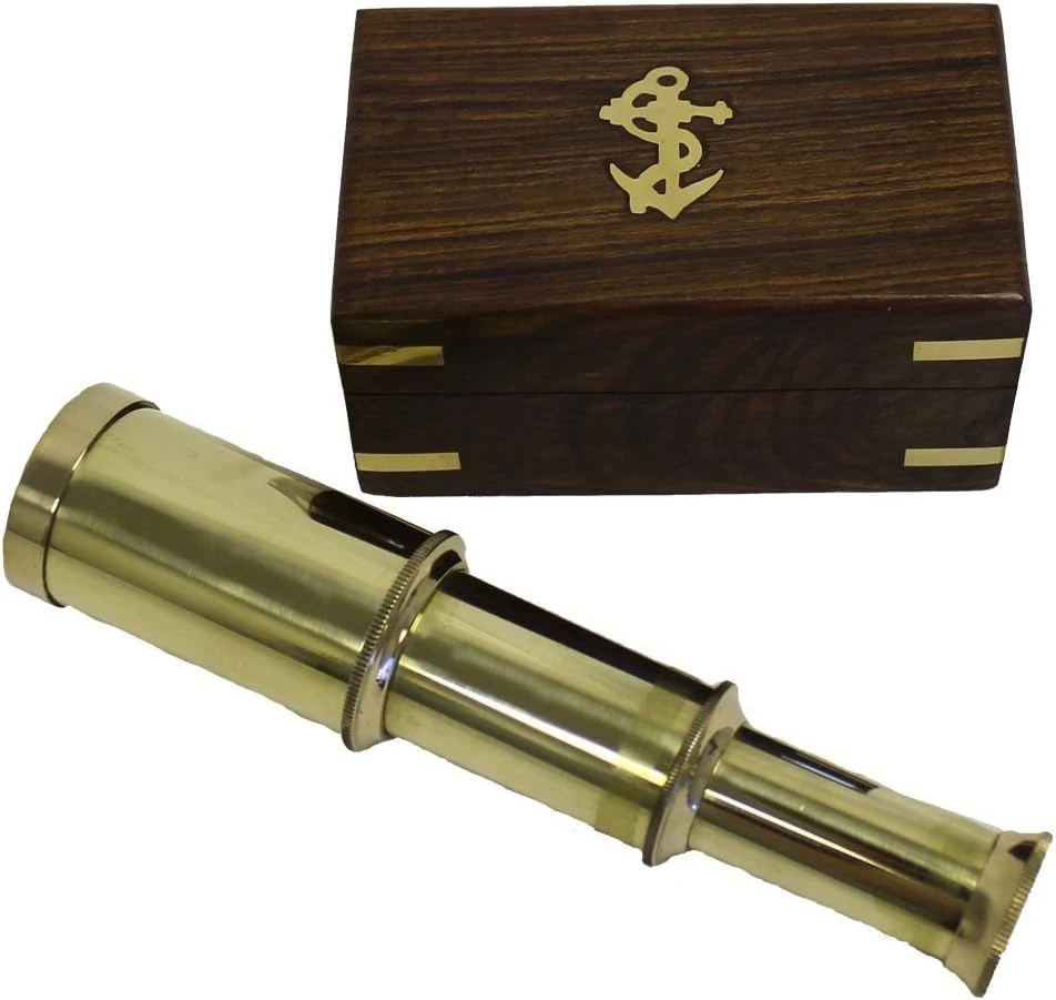 6 Solid Brass Handheld Telescope – Nautical Pirate Spy Glass with Wood Box Rusti