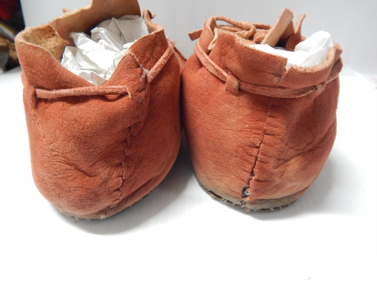 ANTIQUE 1880-90s SOUTHERN CHEYENNE INDIAN BEADED + RED OCHERED MOCCASINS