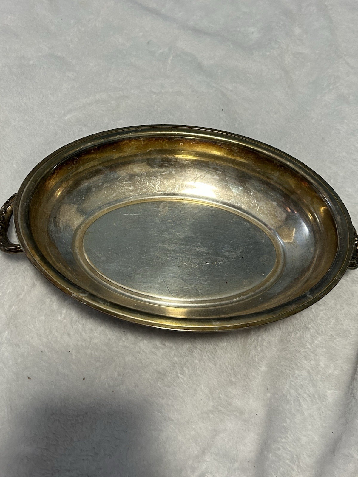 Vintage Silver Plated Oval Serving Bowl Ornate Shell Handles Tarnished Patina