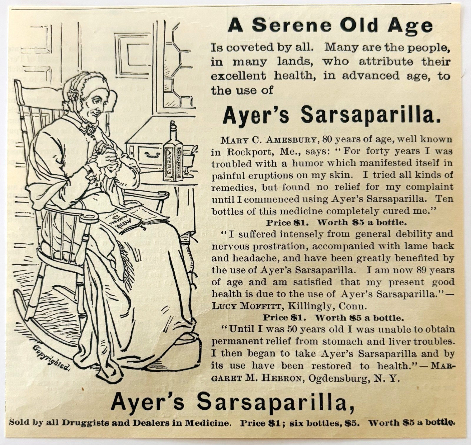 1886 Ayers Sarsaparilla Advertisement Victorian Quack Medicine Old Age DWKK27F