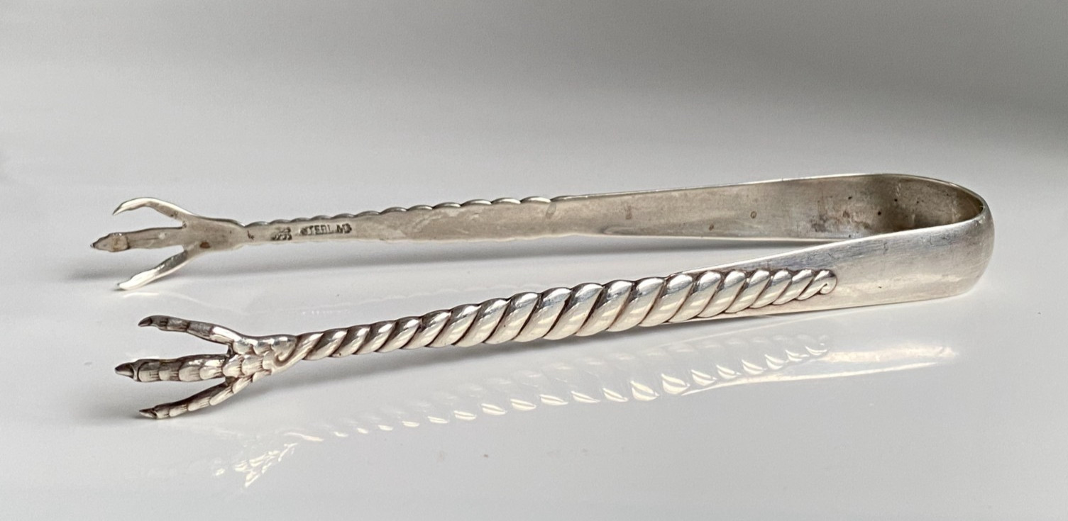 Antique c1880s Solid Silver Barley Twist Bird Claw Sugar Ice Tongs Initials JW