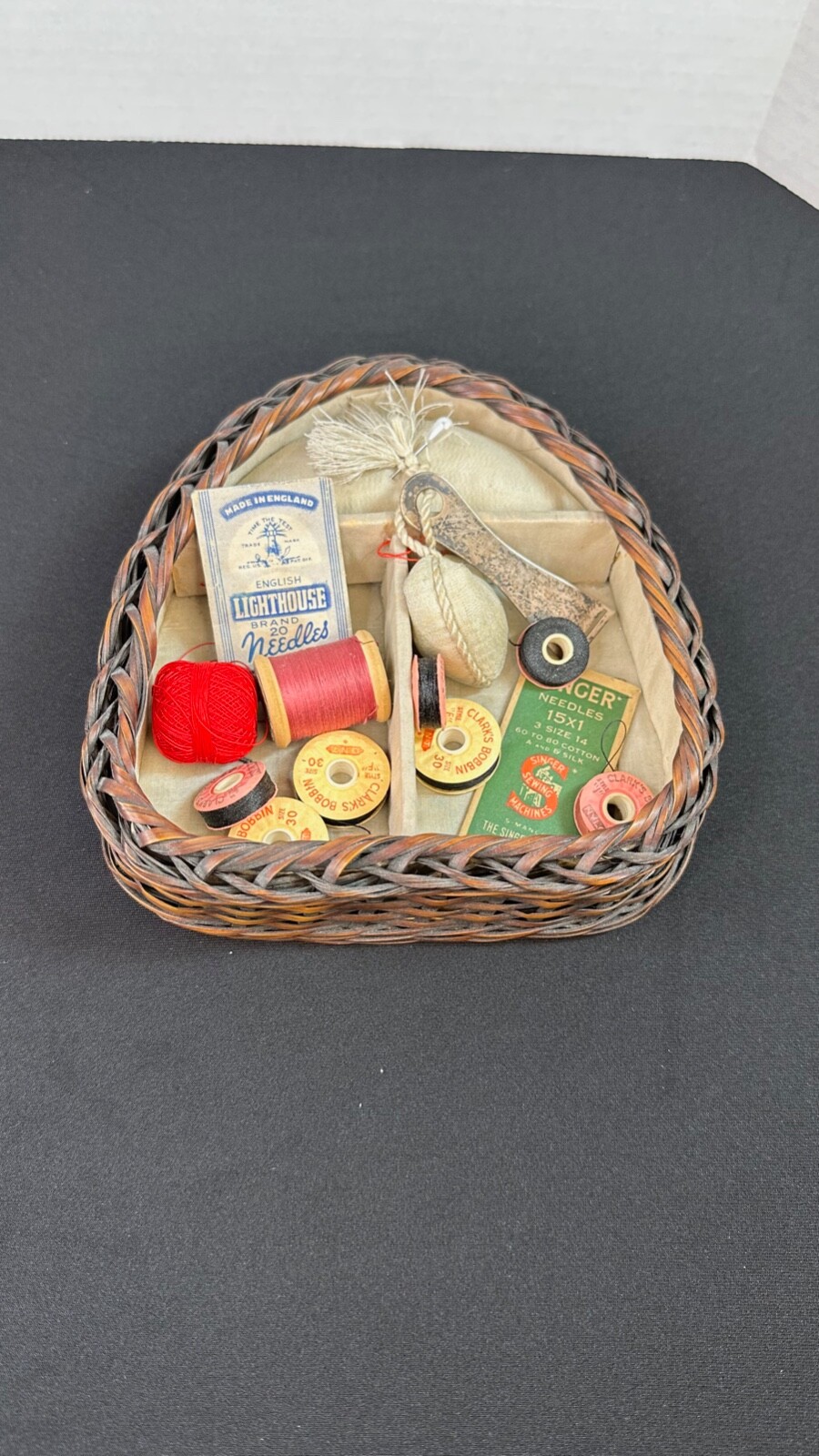 Antique Heart Shaped Sewing Basket with Sterling Silver Bodkin Ribbon Threader