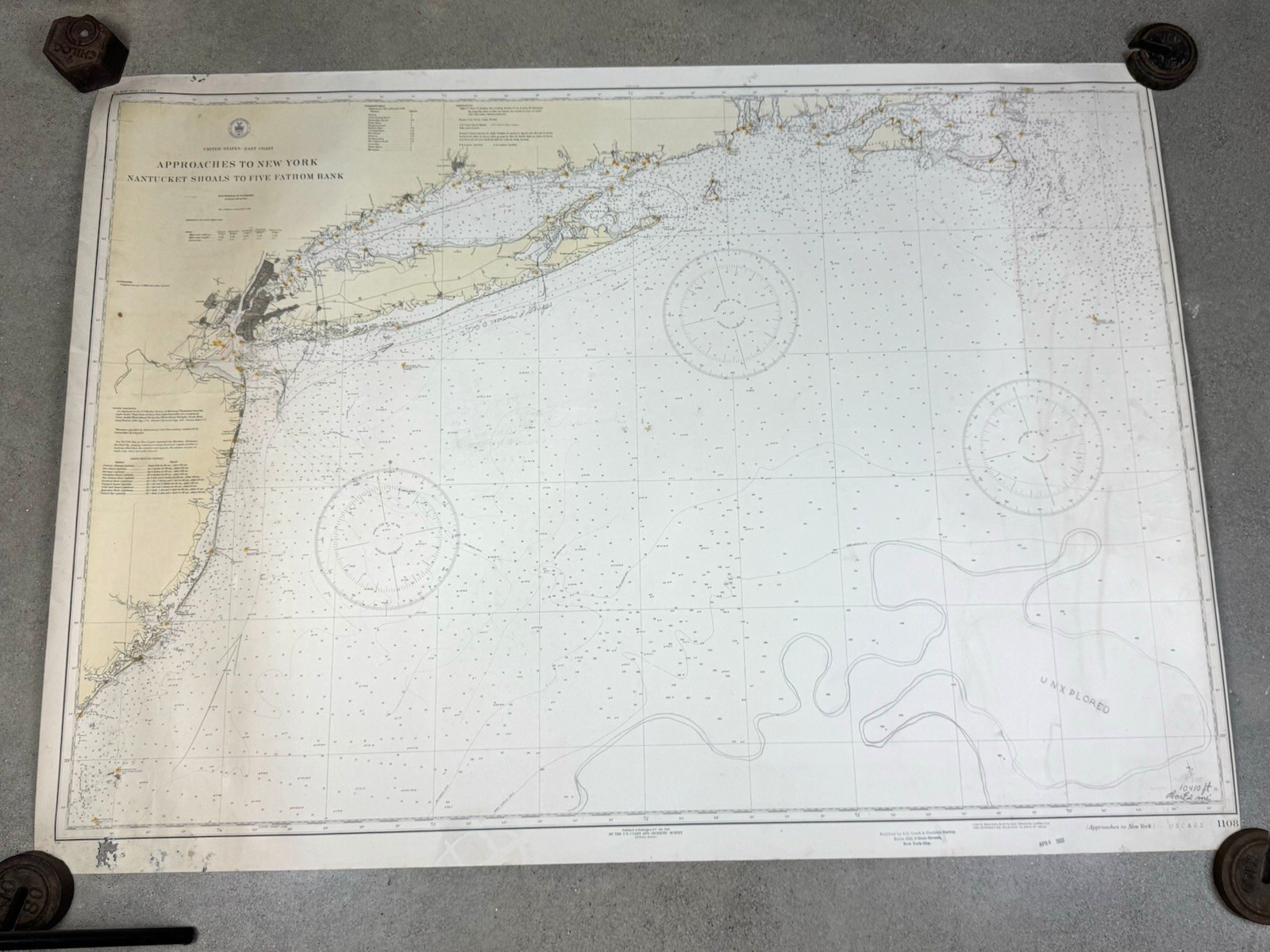 1931 Nautical Chart NEW YORK – NANTUCKET 47.5″x 34.25″ U.S.C & Geodetic Survey