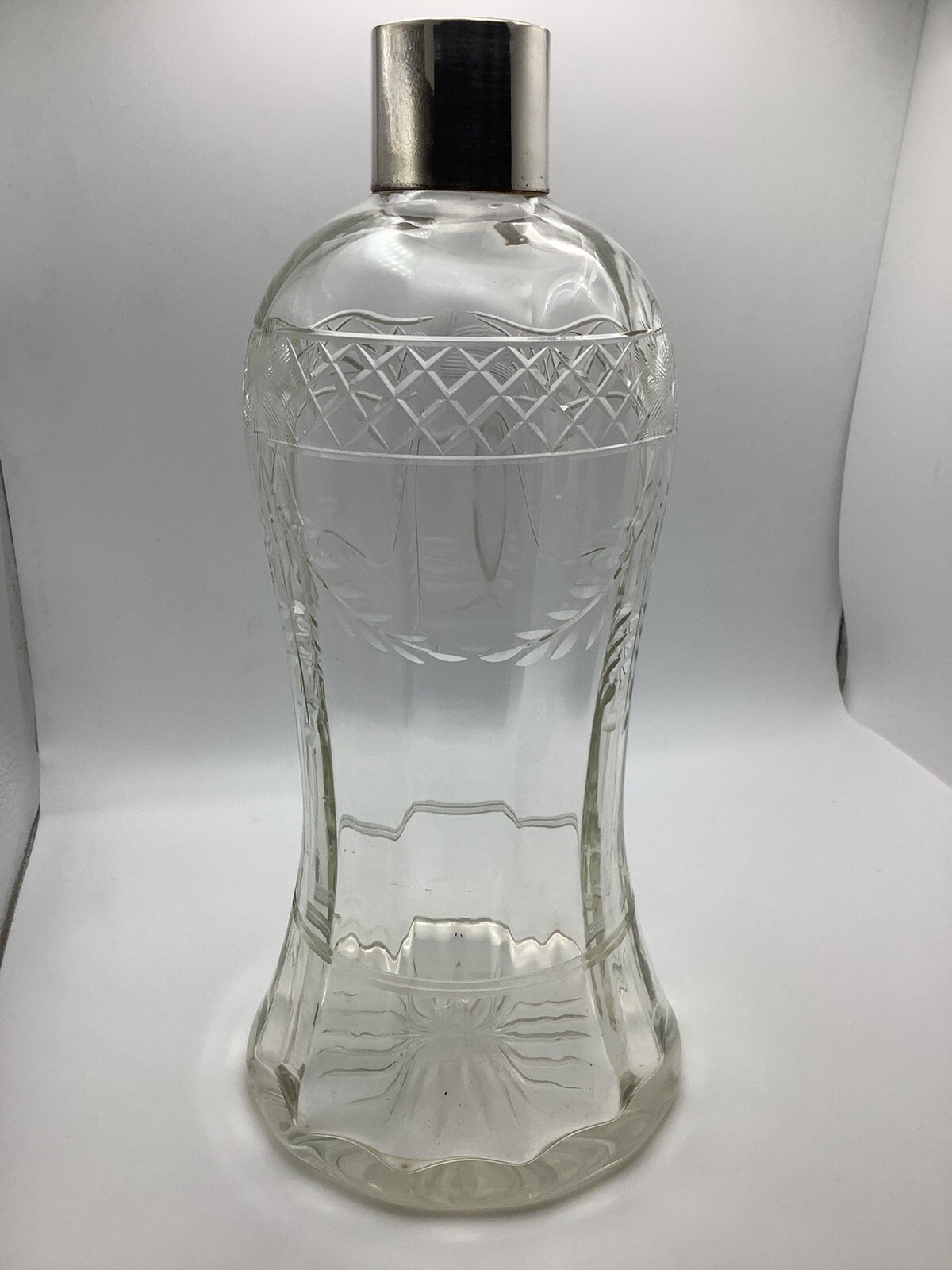 Antique Hallmarked Silver Collared Cut Crystal Glass Decanter James Deakin 32cm