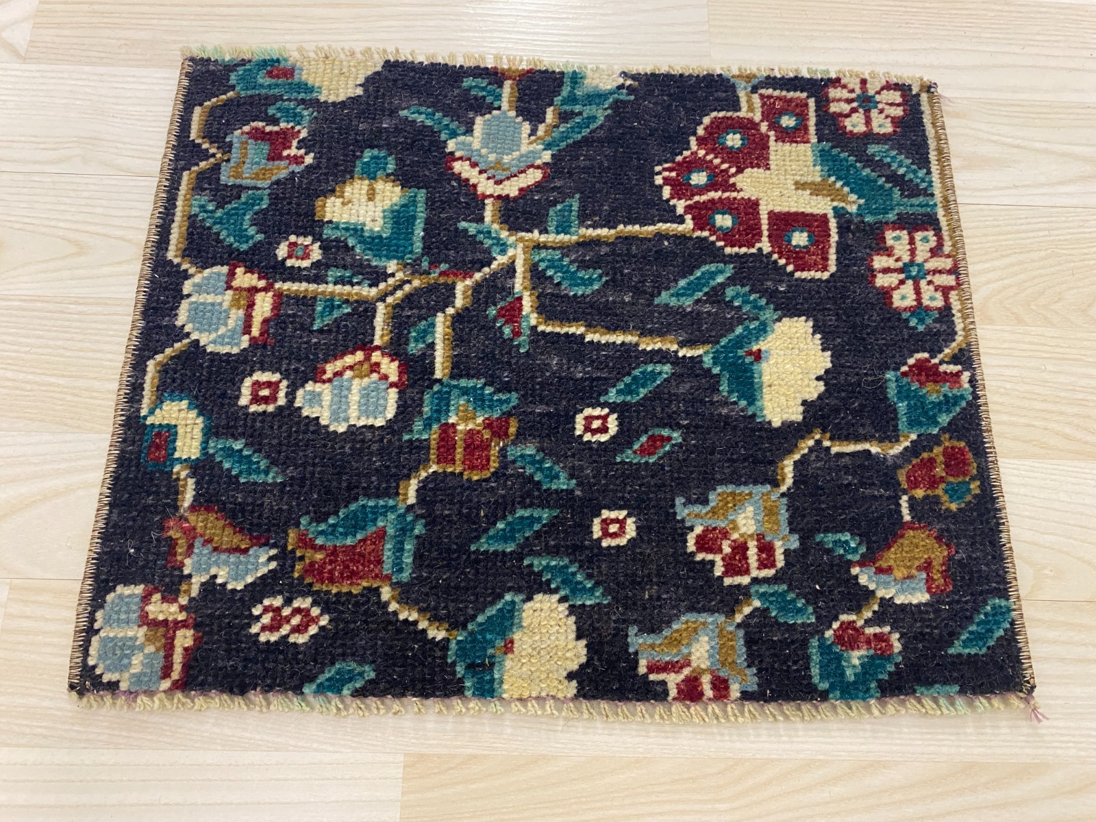Antique Turkish Rug 1.0×1.3 ft Vintage Dark Navy Teal Floral Small Square Mat