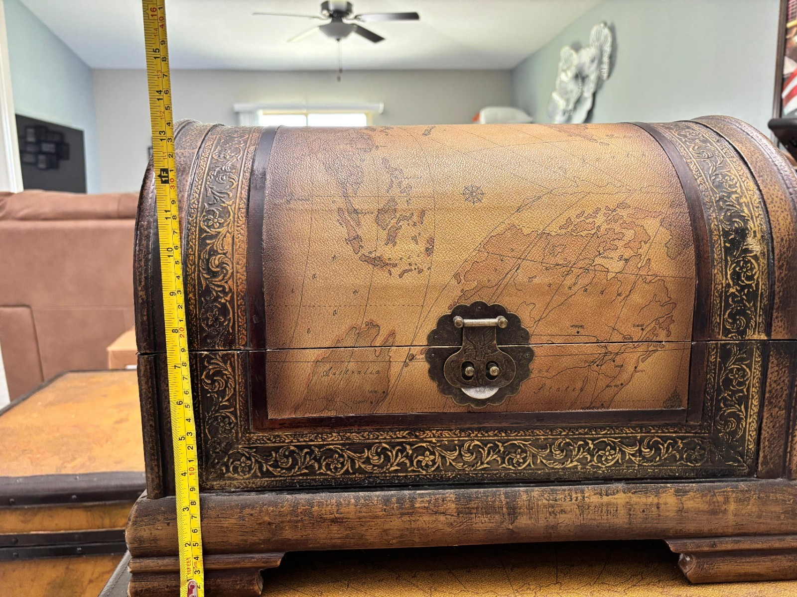 Antique Style Map Pattern Barrel-Top Trunks & Chests Set Wood Leather Brown Yel…