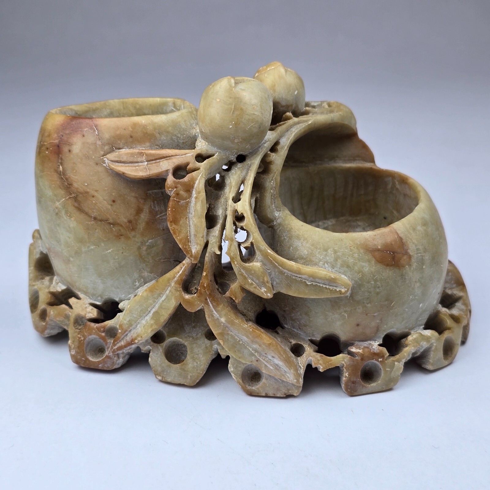Vintage Chinese Carved Soapstone Floral Double Vase Unique Sculpture medium size