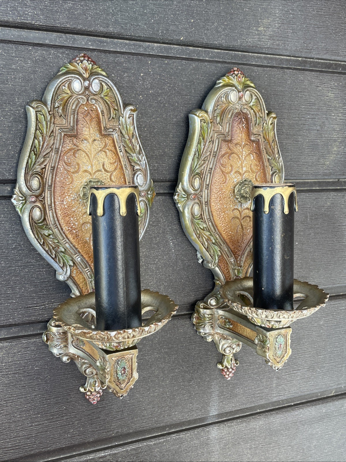 REWIRED Pair Antique Vtg Polychrome Wall Sconces Arts & Crafts, Deco 1920s 1930s