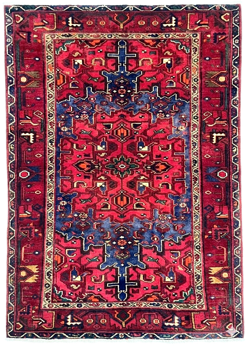Vintage Zanjan Tribal Wool Area Rug 4×7 Hand Knotted Blue Red Geometric