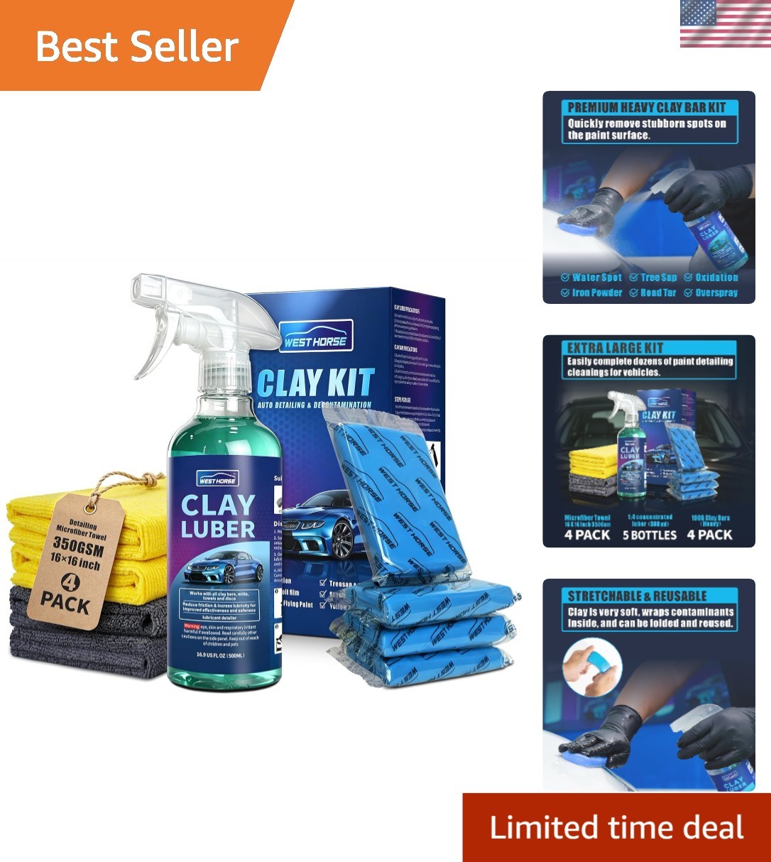 Clay Bar and Luber Kit, 4 Pack 4x100g + 16.9 fl. oz | Auto Detailing, Lubrica…