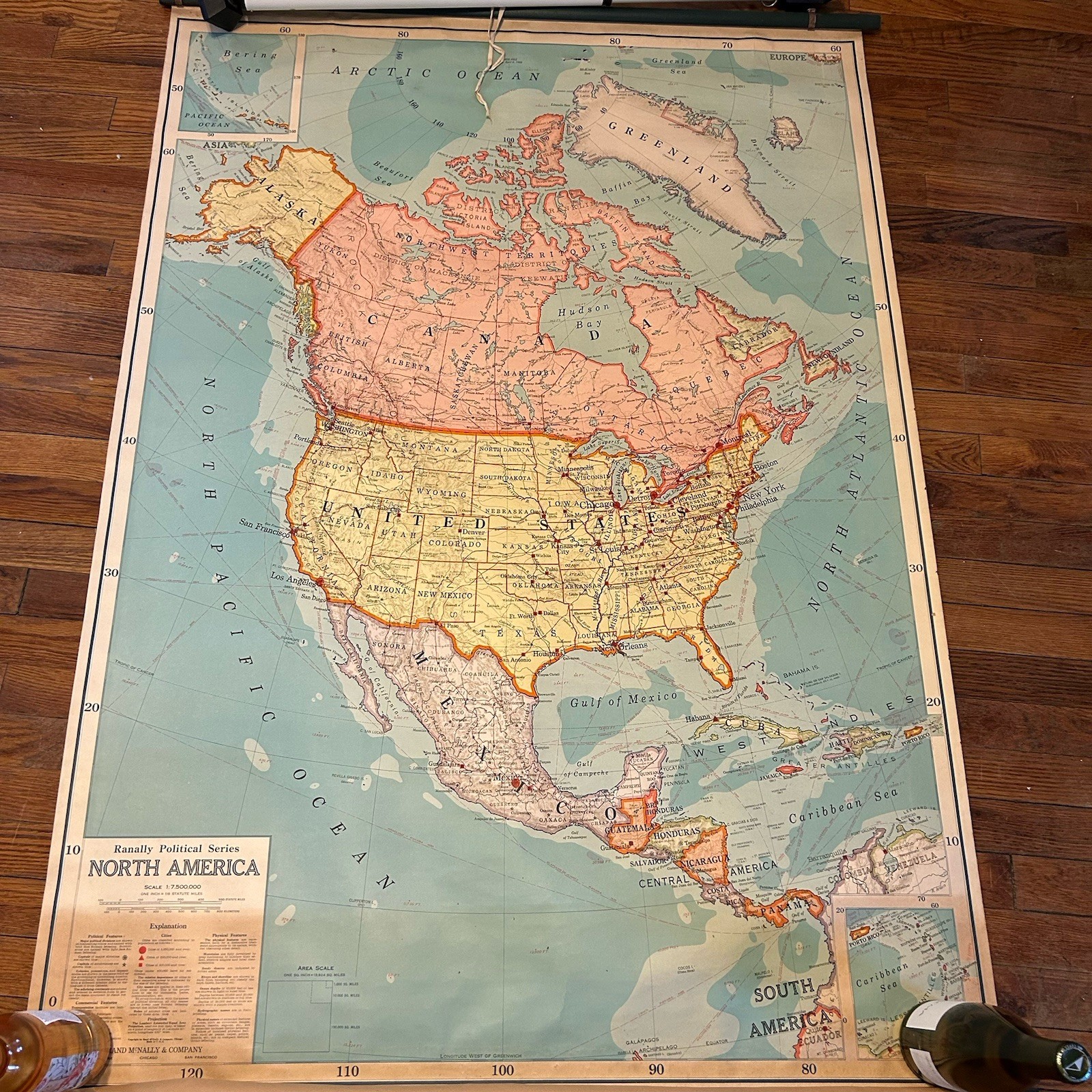 Vintage Rand McNally North America Pull Down School Wall map 55″ x 40″