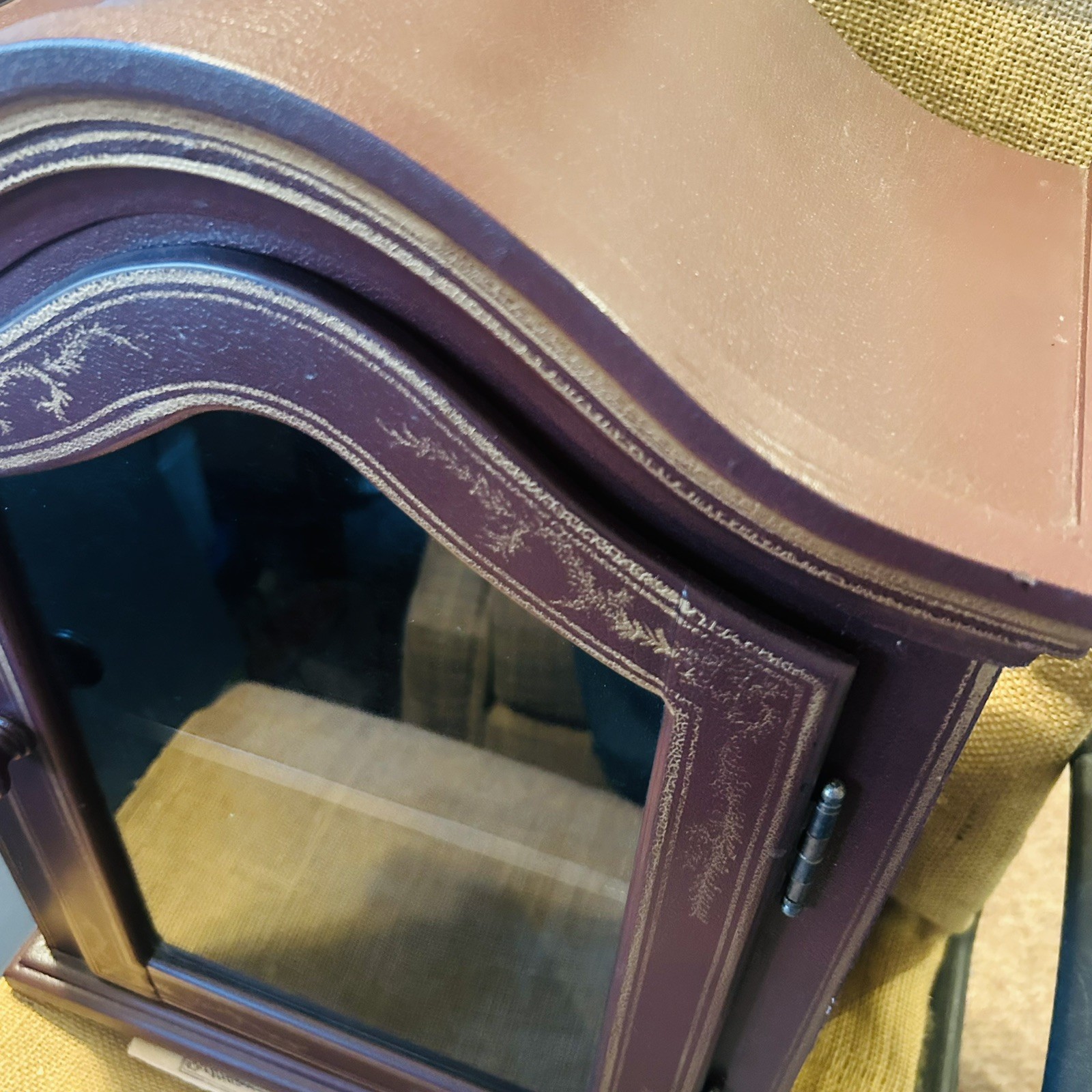Cabinet Burgundy Gold Accents Handpainted Arch Top Glass front Orient