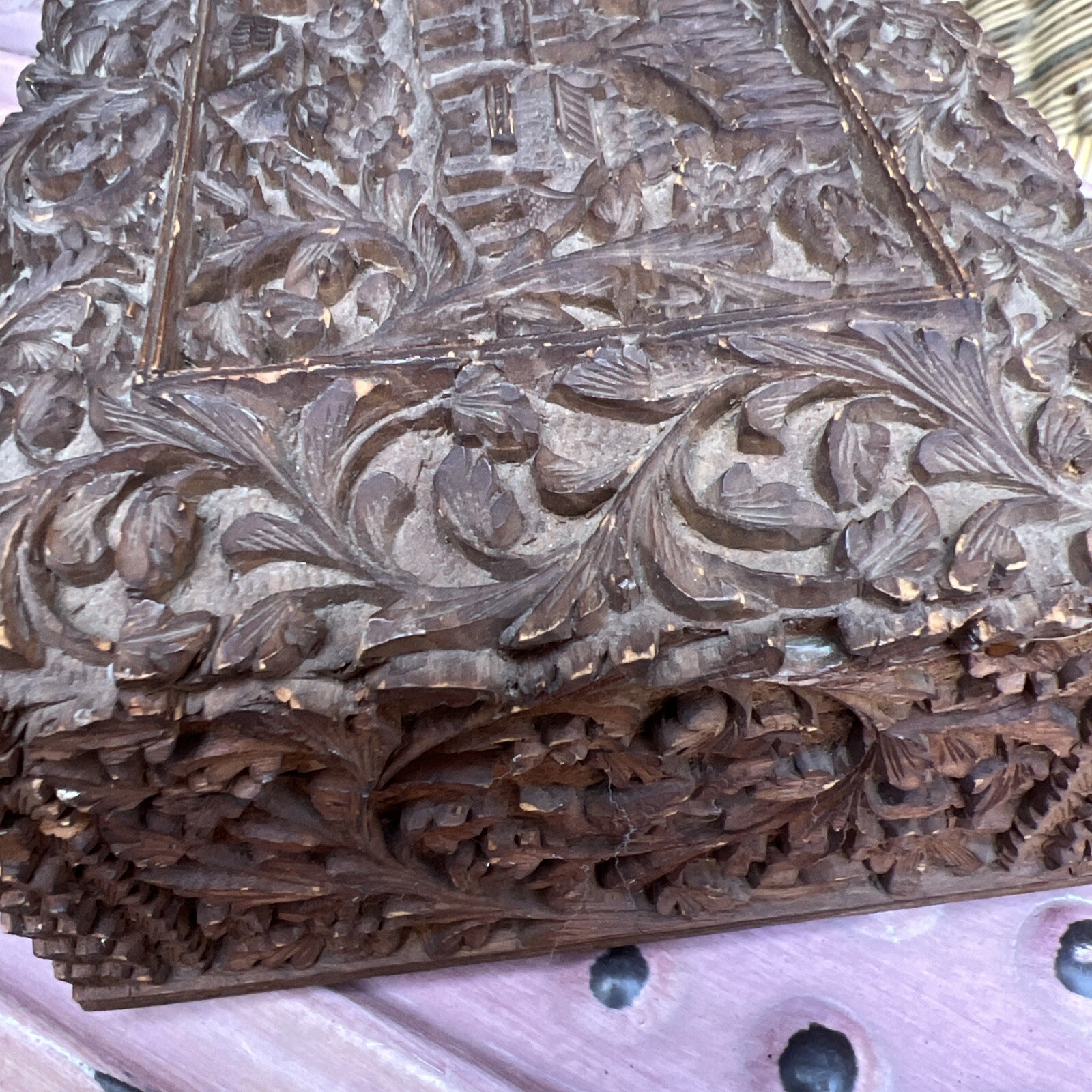 Hand Carved Old Decorative Multi Purpose Wood Trinket 6x5x2.5” Middle Age Style