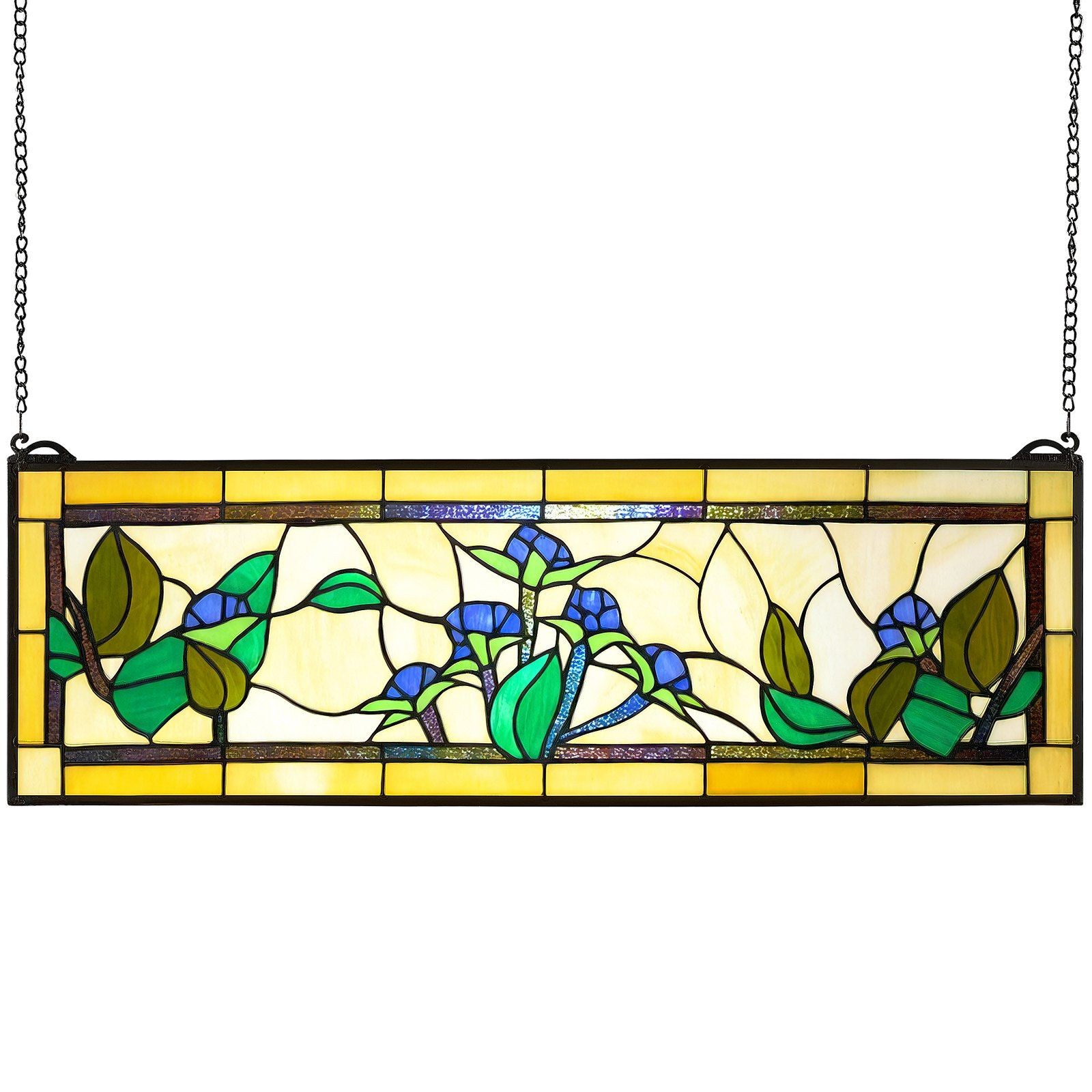 Stained Glass Hanging Panel—35.2″x13.1″, Fade-Resistant Glass & Iron Chain