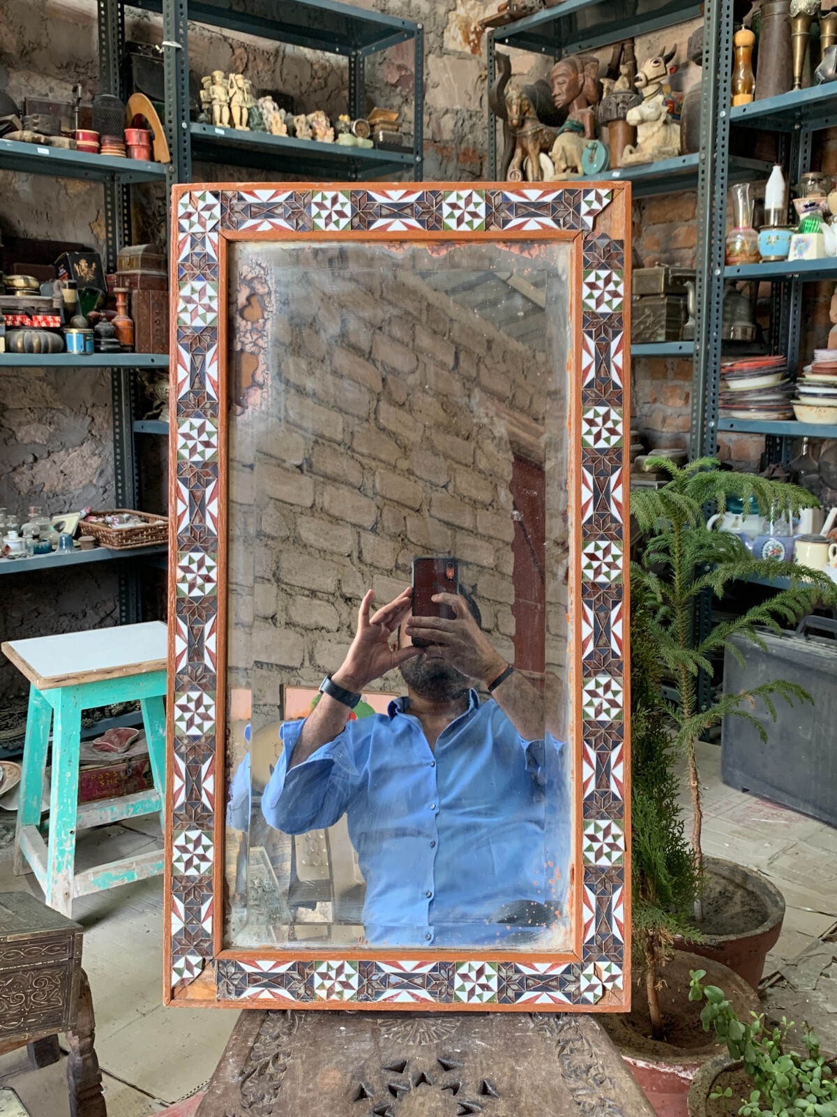Antique Rare Wooden Handcrafted Beautiful Multicolor Minakari Work Wall Mirror