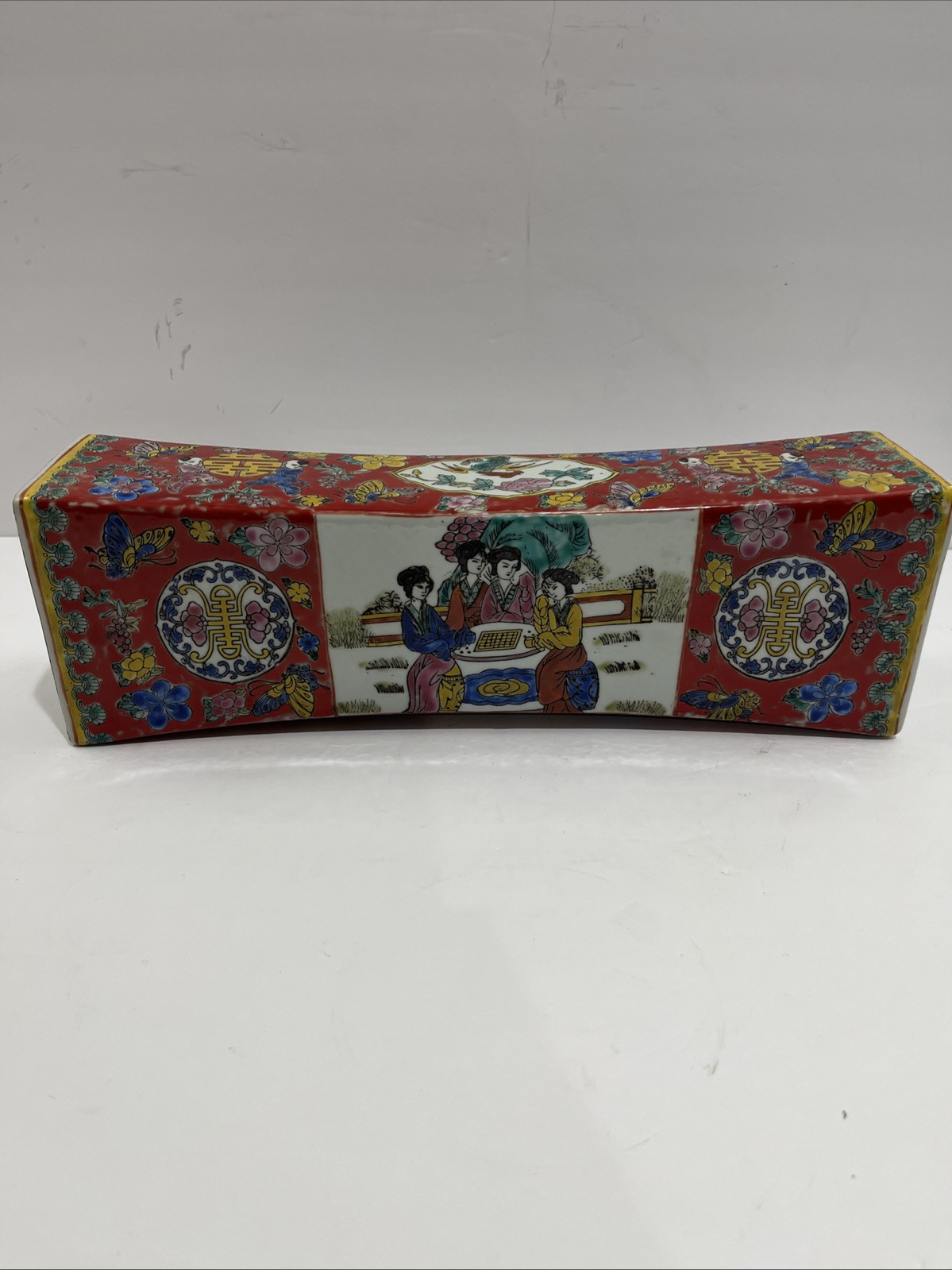 Chinese famille rose porcelain pillow W/ Kids Women Butterflies Birds 13 1/4” L