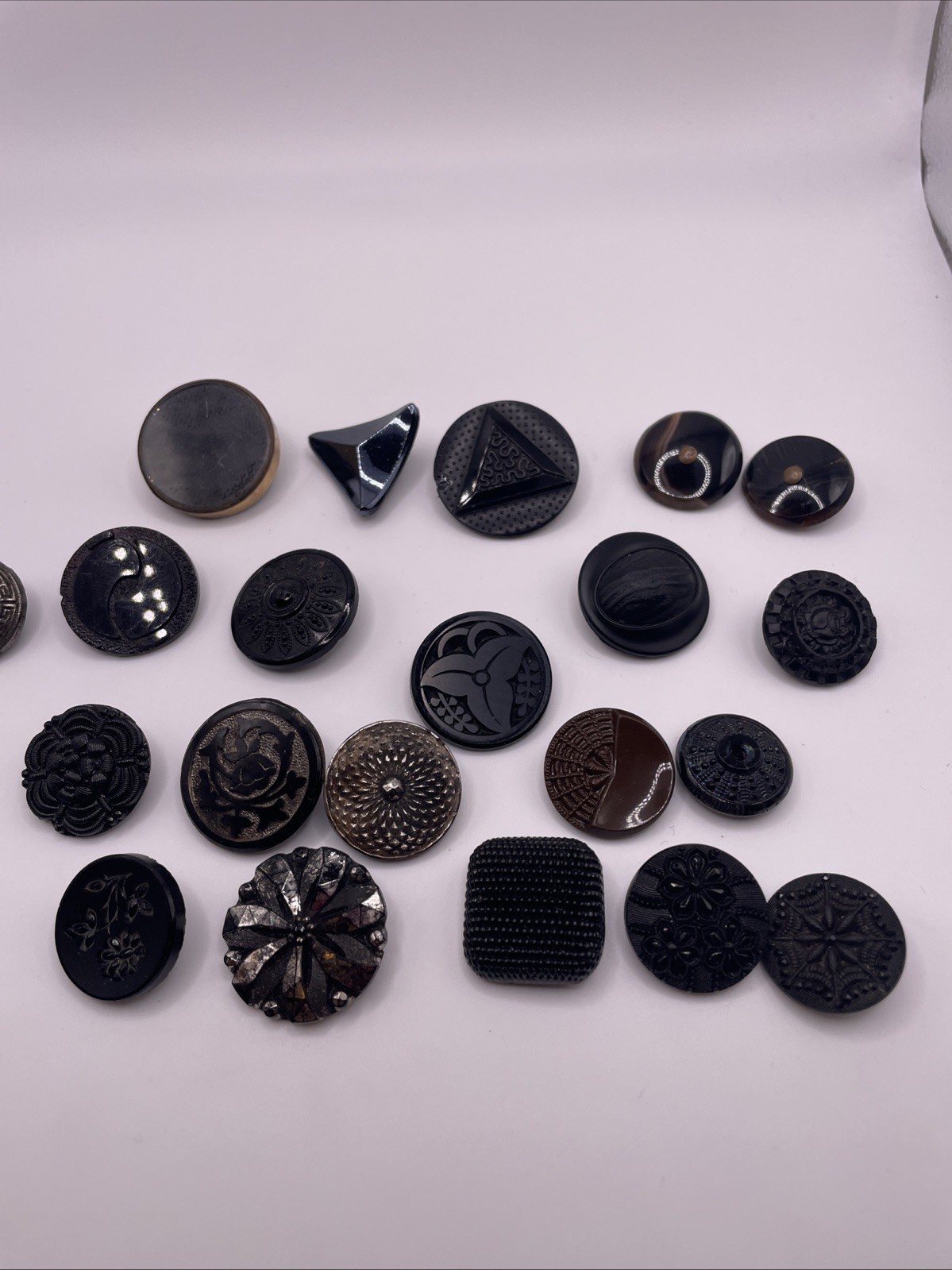 Antique Fancy Jet Black Glass Button Carved Floral, Geometric &More M-L Size 31