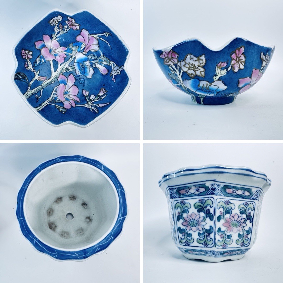 Vintage Chinese Porcelain Bowl & Planter Set Hand Painted Floral Oriental Decor