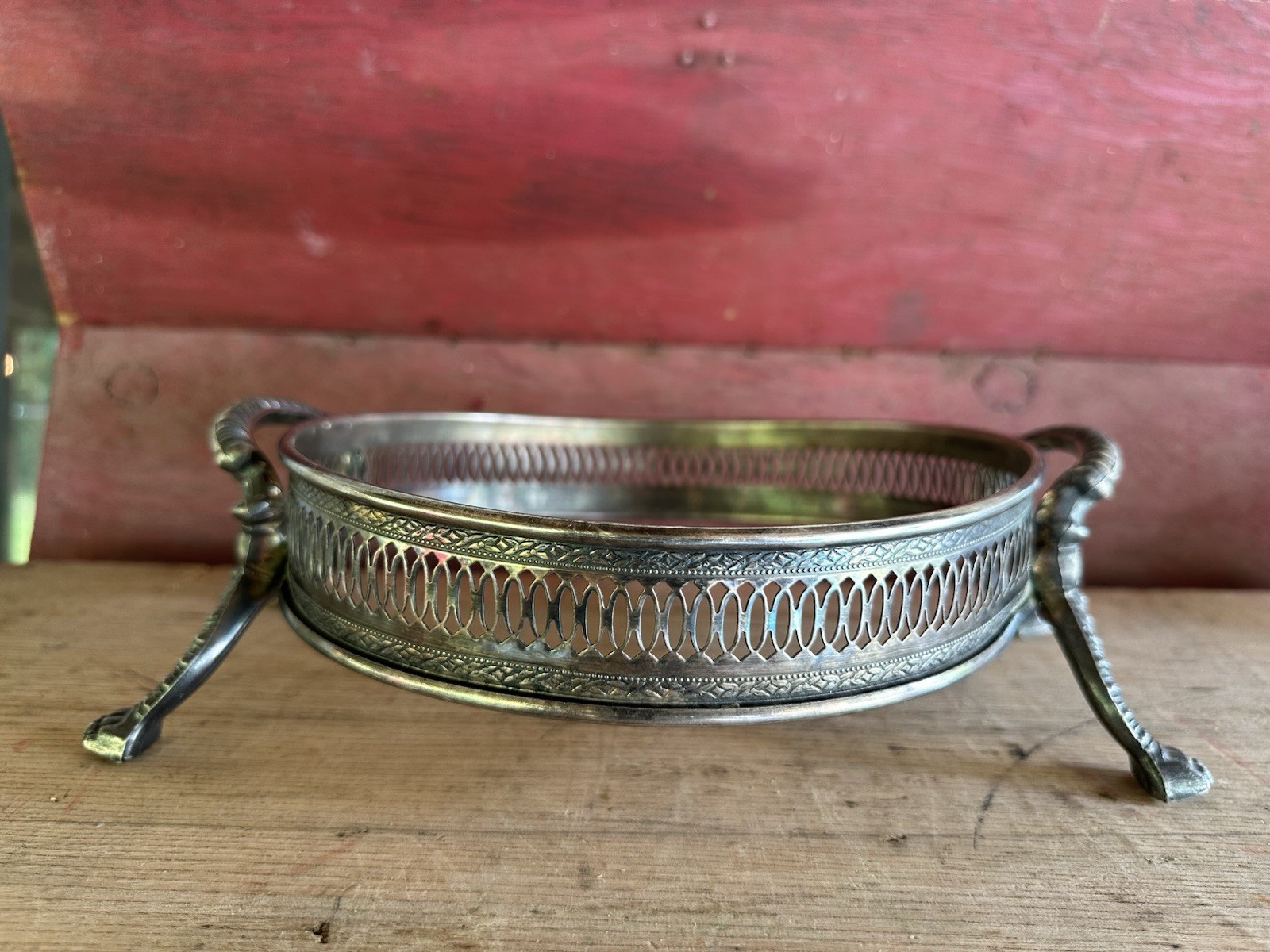 Silverplate Pierced Gallery Footed Oval Dish/Bowl with Side Handles