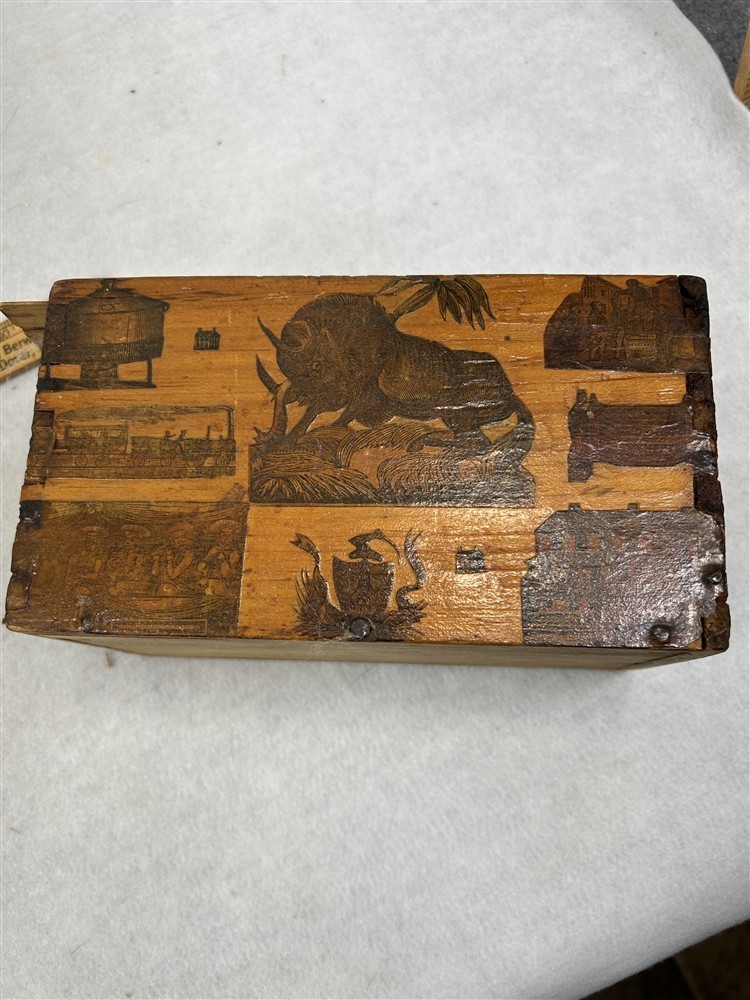 antique box slide top early decoupage animal people dovetailed original 1850
