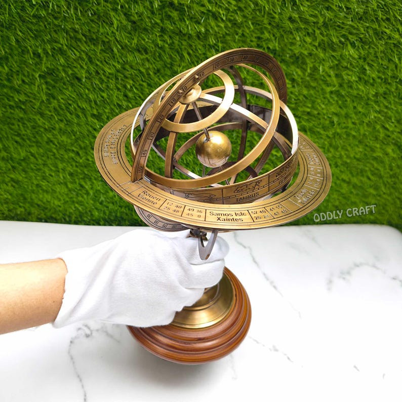 Engraved Brass Armillary Sphere, Astrolabe Globe, Nautical Gift for Him, Home