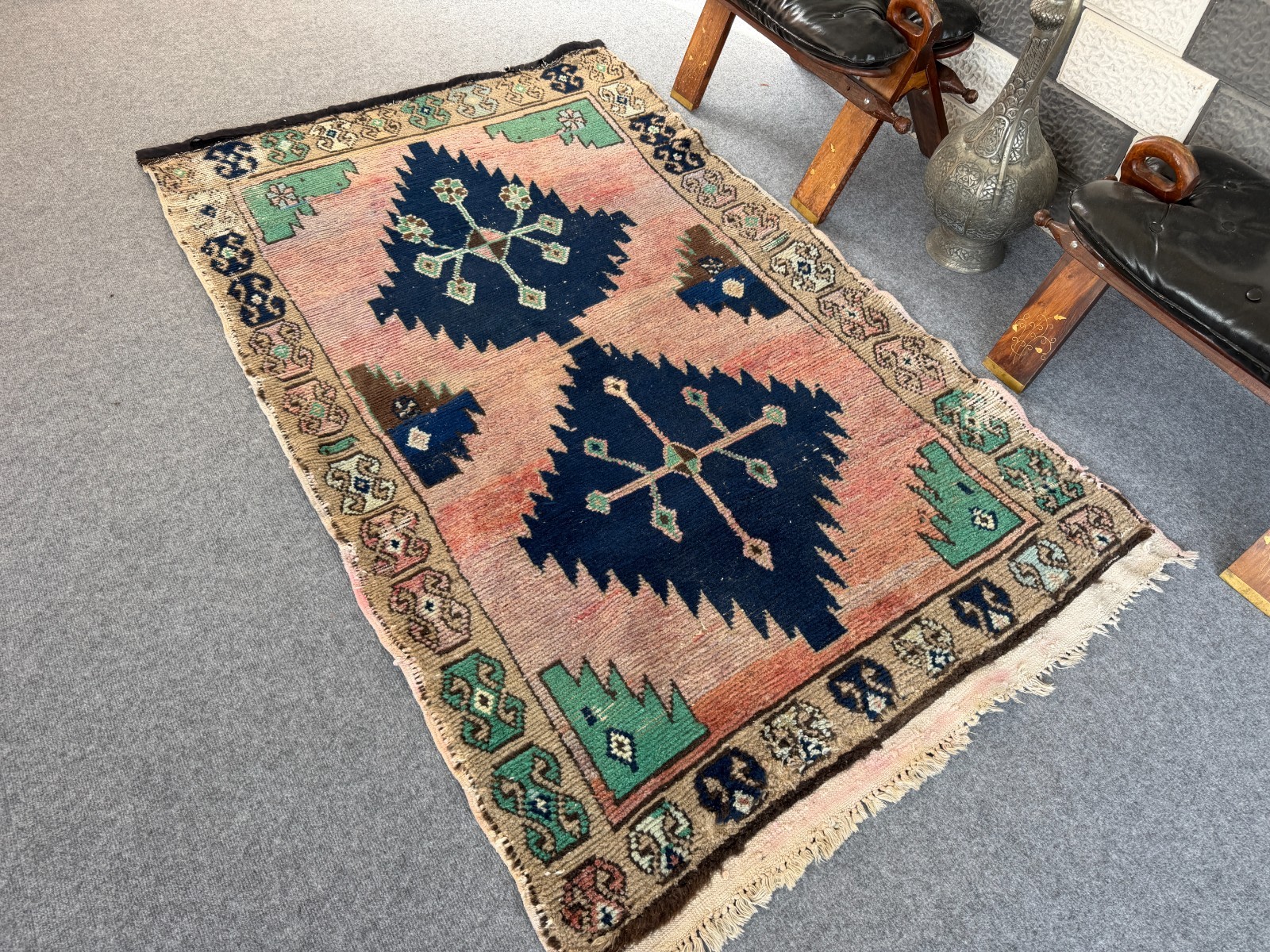 Vintage Turkish Oushak Rug 3×5 Ft, Handmade Anatolian Wool Rug Blue Boho Accent