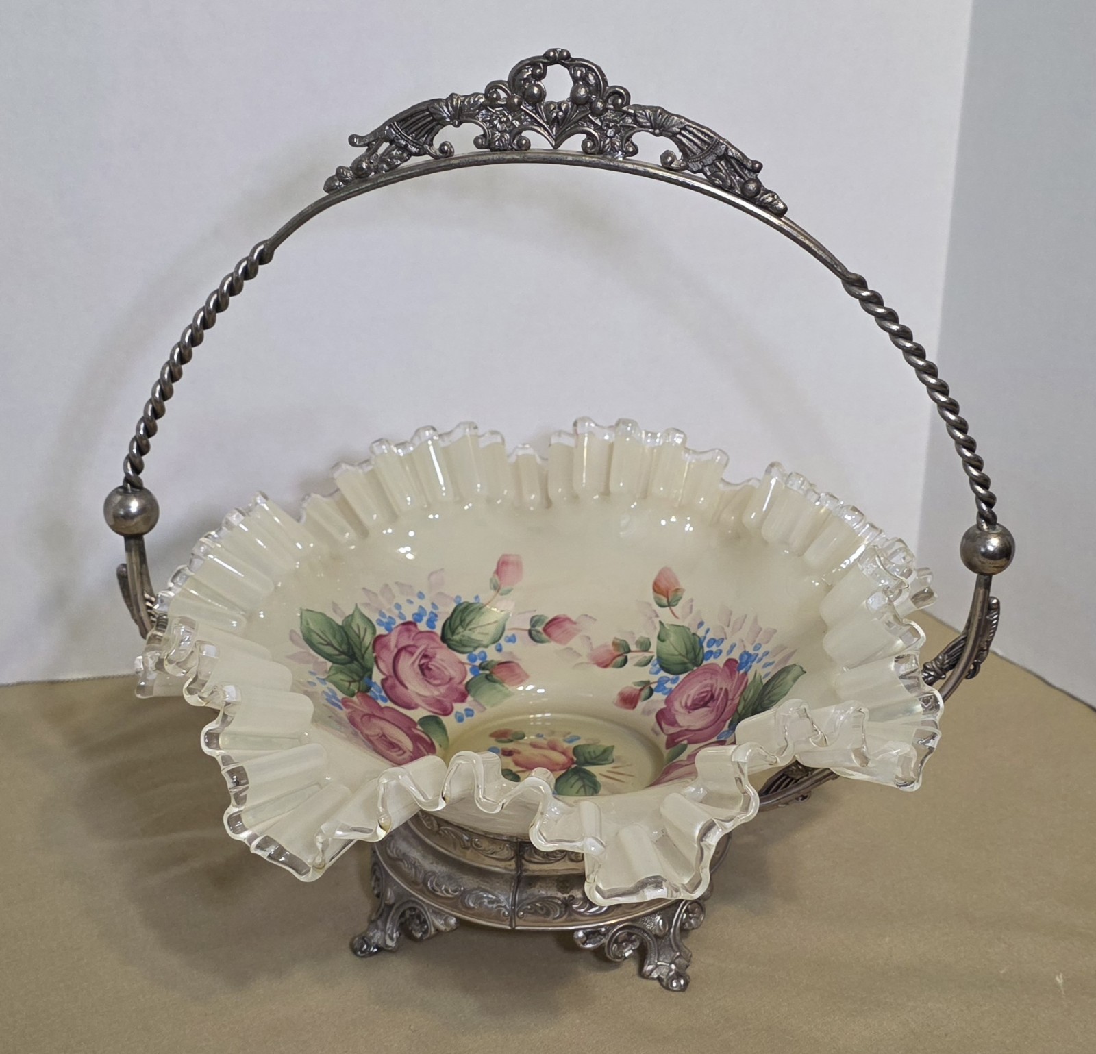 Gorgeous Antique Victorian Decorated Art Glass Brides Basket Silver Plate Frame