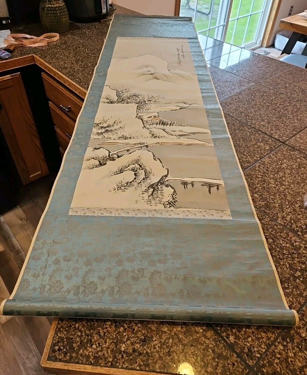 Oriental Hanging Scroll Hand Painted Mountains House Signed Vintage 78×21 Inches