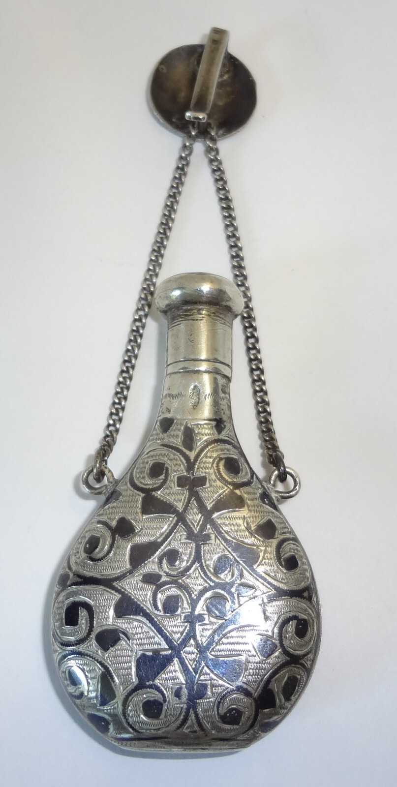 Antique Russian Sterling Silver Niello Chatelaine Perfume Scent Flask Bottle