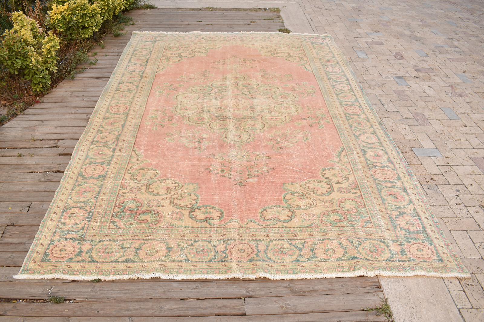 Turkish Rug 7×10 Handwoven Oushak Rug 225x330cm Natural Wool Carpet Pink Rug