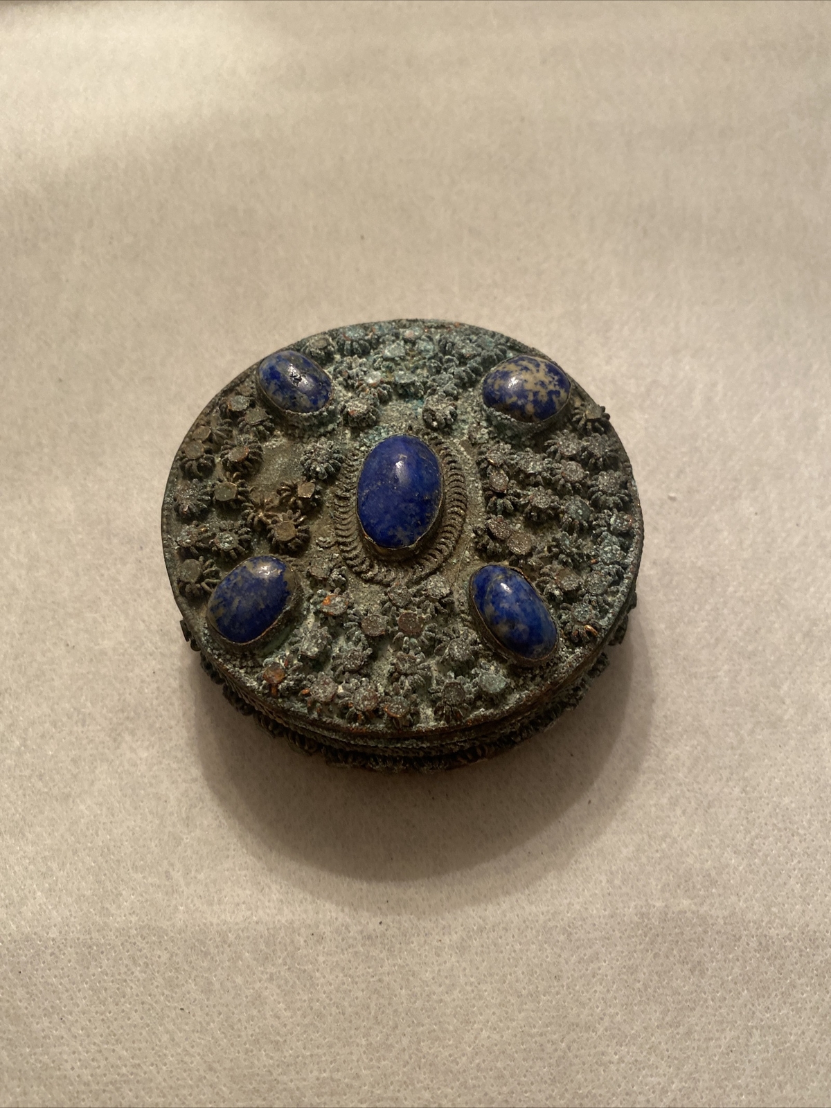 Antique Lapis 3” Tibetan Filagree Round Box
