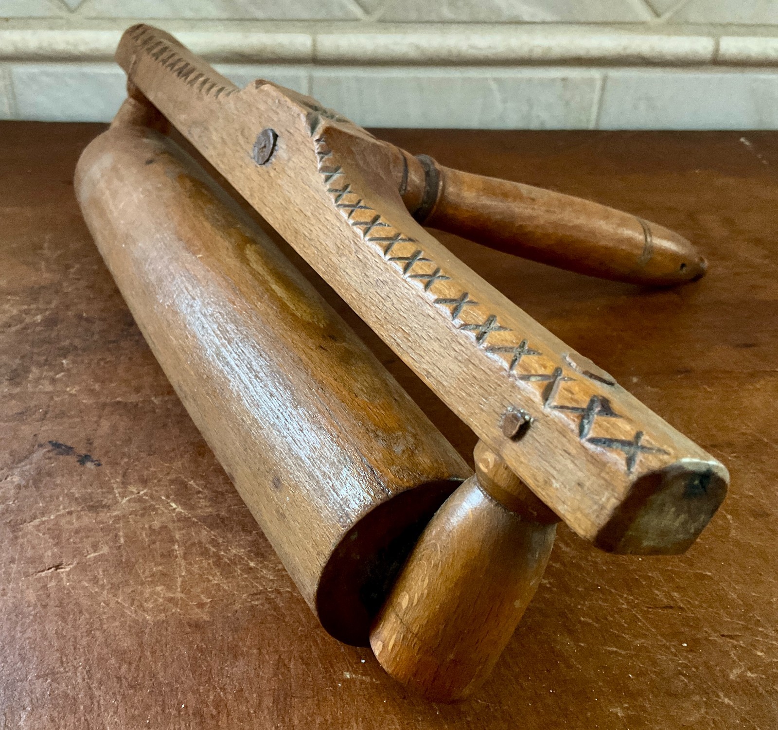 AAFA MID 19TH C. HANDLED ROLLING/PASTRY PIN W/BEAUTIFUL CARVED DETAILS STUNNING!