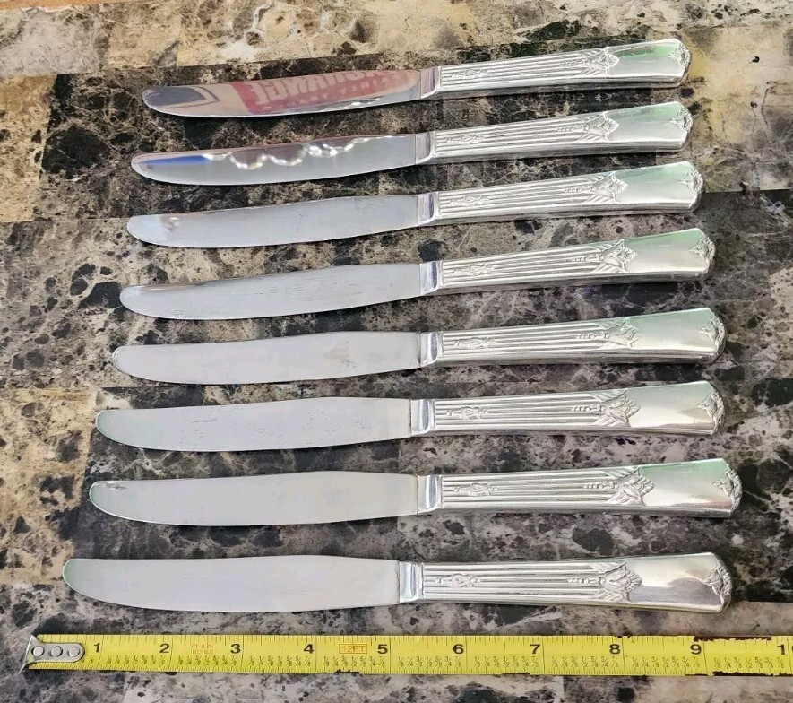 🔎LOT OF 8 ART DECO c1932 GUILD /CADENCE SILVERPLATE MODERN HOLLOW PLACE KNIVES
