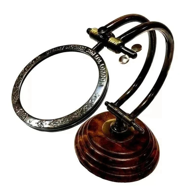 Vintage Brass Magnifying Glass Magnifier Desk Top Table Top Wooden Stand Antique
