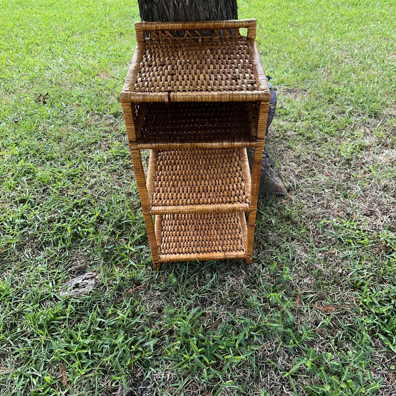 Vintage 26” Bamboo Woven Rattan Wicker Side Table 4 Shelves Bohemian Beach Brown