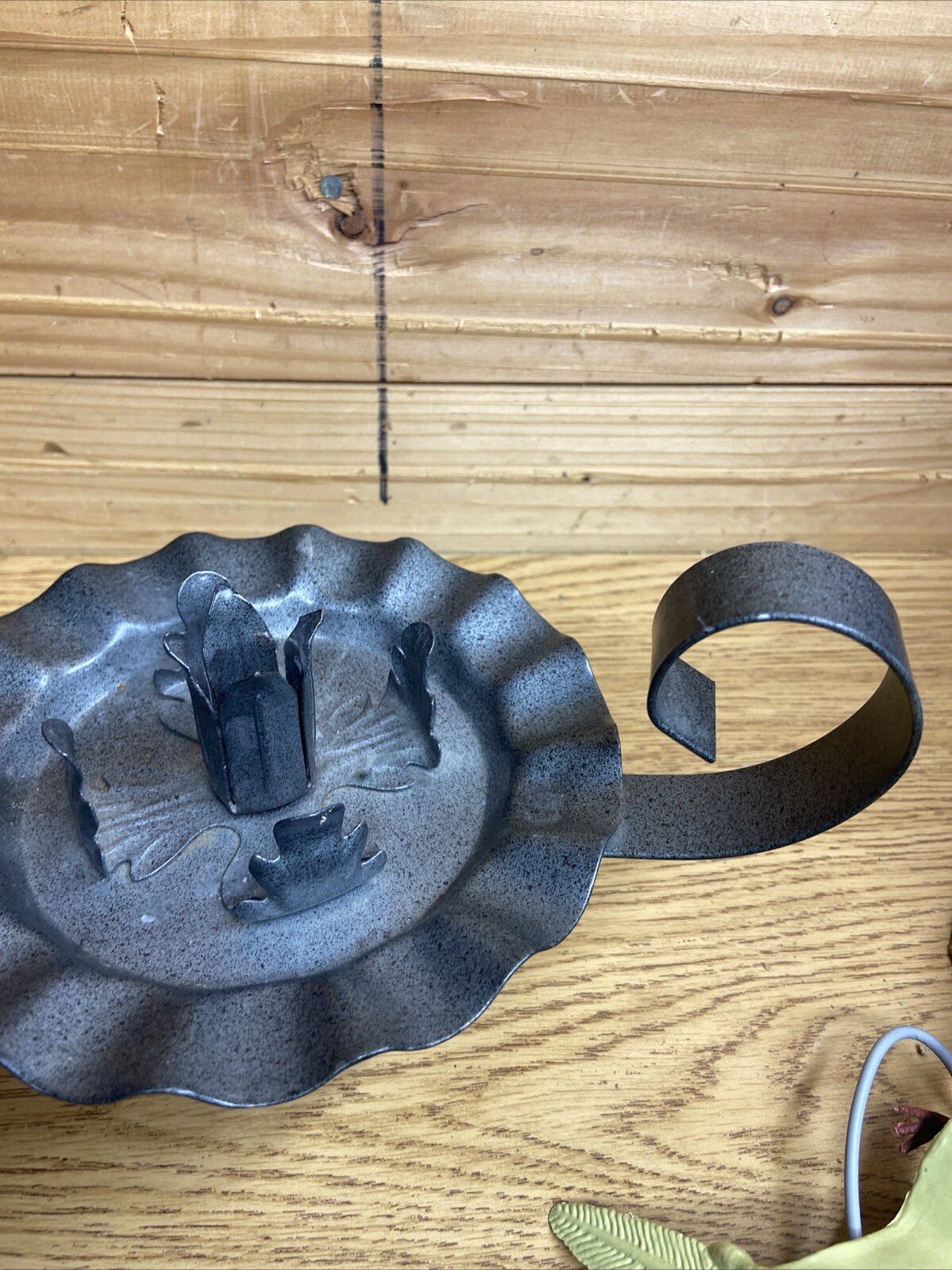 VINTAGE PUNCHED TIN 7″ CANDLE HOLDER W/ FINGER LOOP & STAR PATTERN