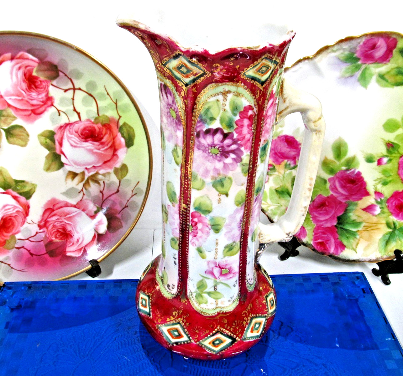 Nippon hand painted floral and gold gilt pitcher blossom and red color moriage