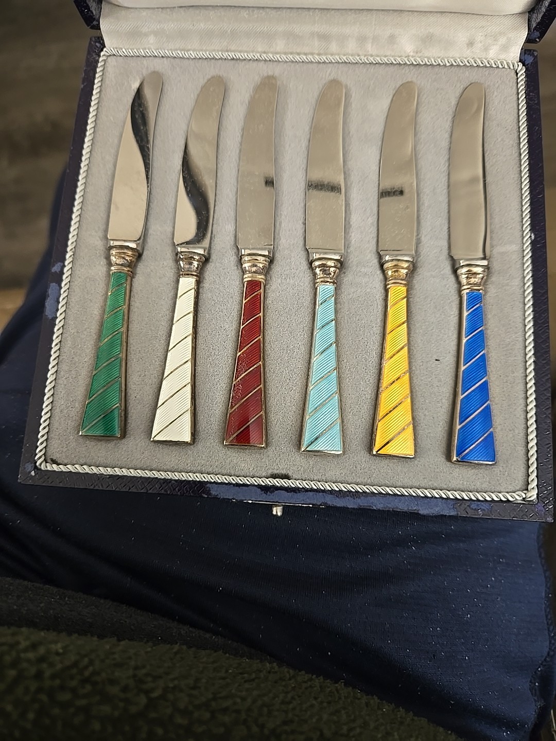 Sterling Silver ENAMEL Art Deco Denmark 6 Knife In Box Spritzer & Fuhrmann