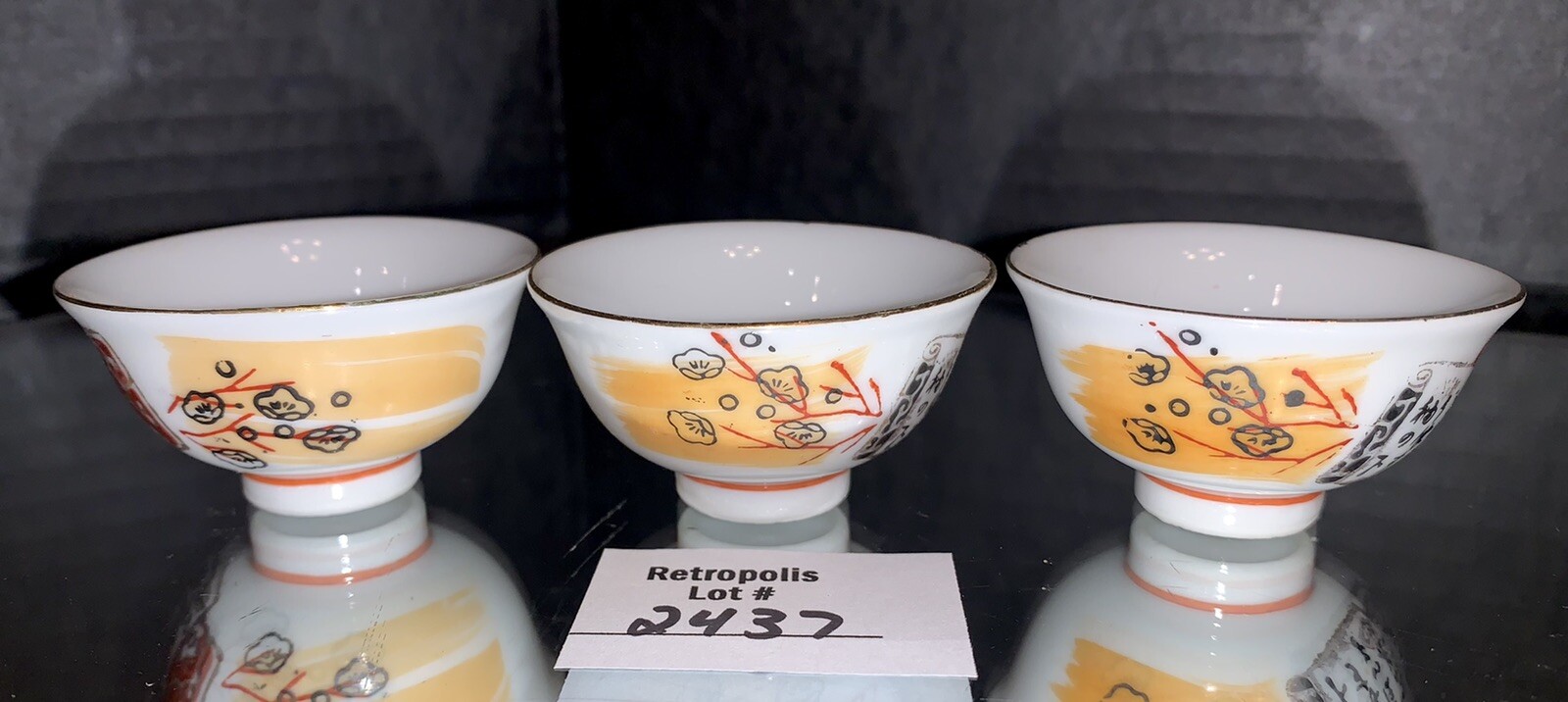 3 Small Ceramic Saki Cups Floral Flowers White with Yellow & Red