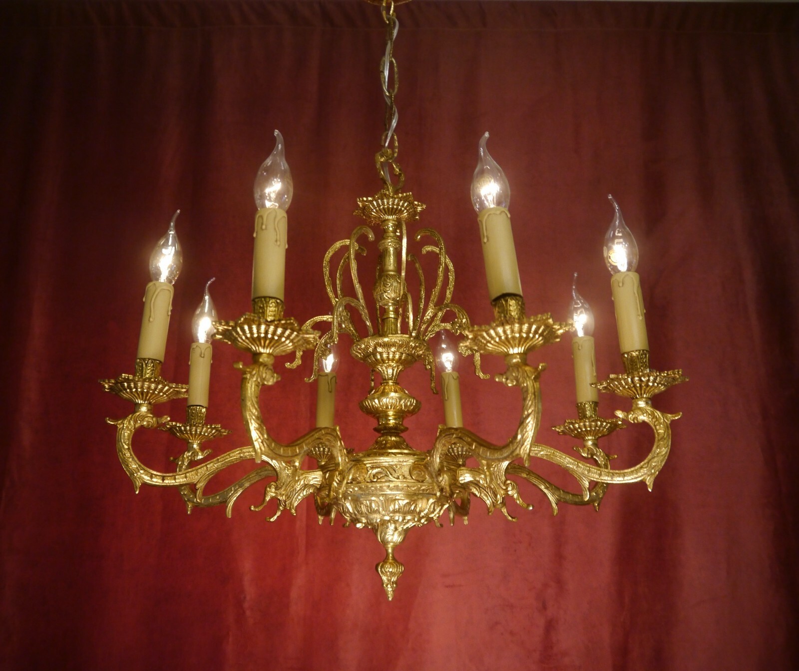 Antique Rococo Chandelier Solid Brass 8 Light Gold Bronze Ø 25.6” 22 lbs