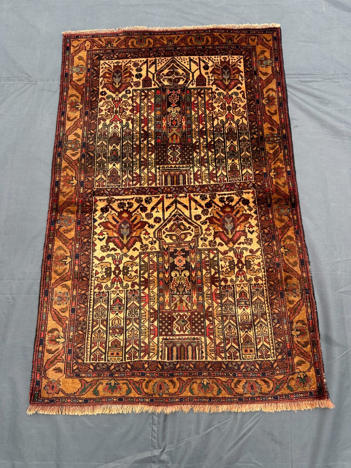 Antique Afghan Rug 2’8×4’2 ft – Hand Knotted Wool Pictorial Prayer Mosque Design