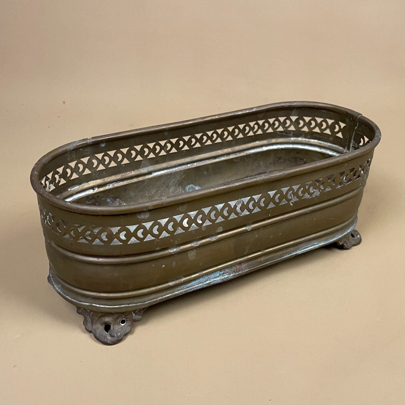 Oval Metal Brass Gold Planter Small Display Pot Jardiniere Vintage Aged Patina
