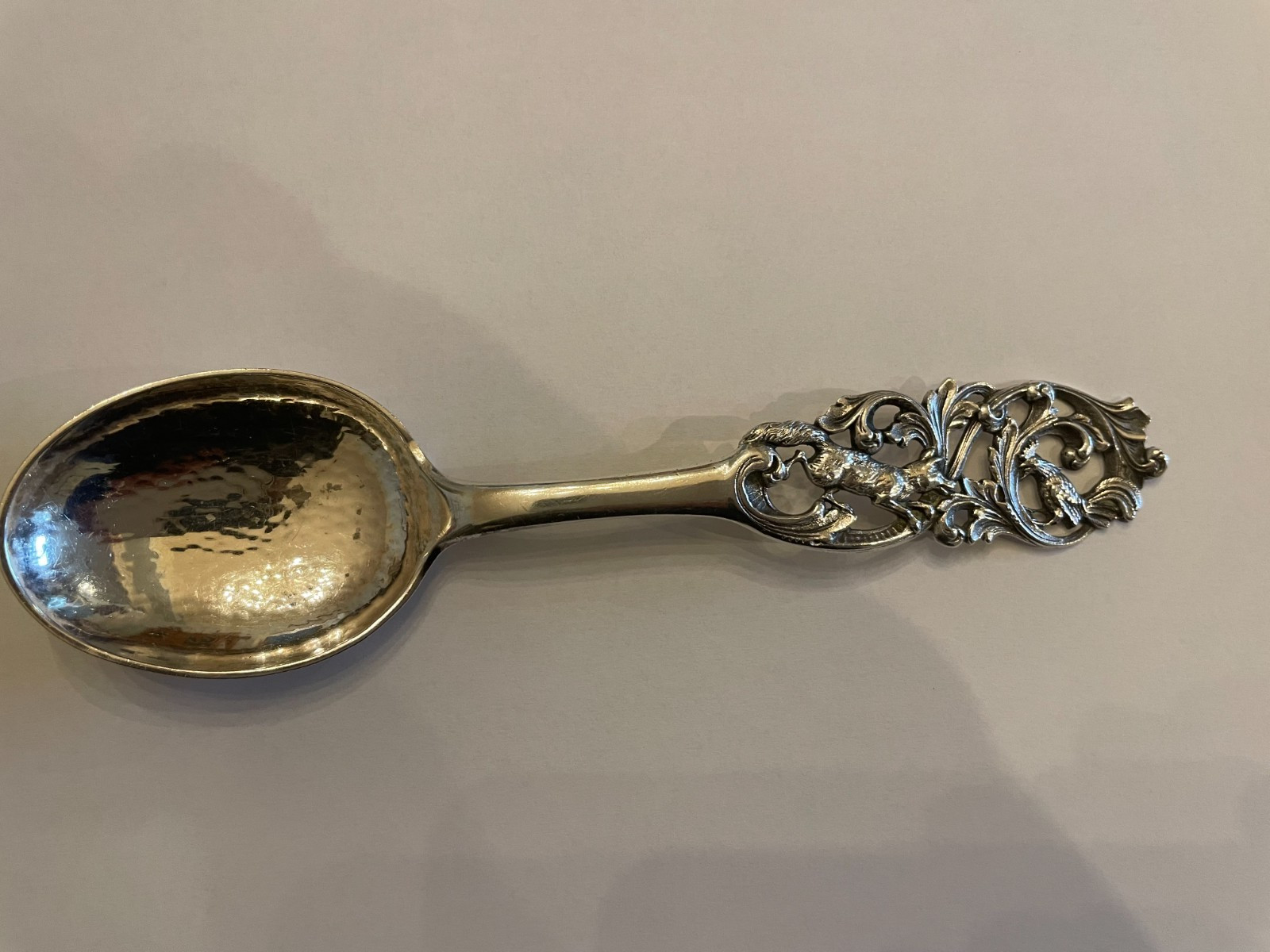 Antique A.P. Mylius Brodrene Norwegian Sterling Silver Spoon 7″ w/fox & rooster