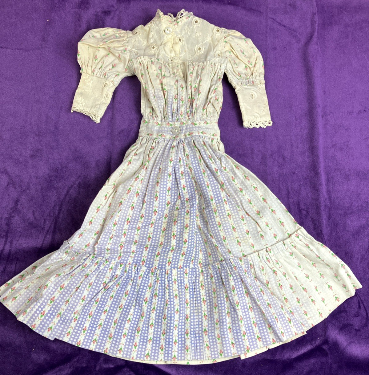 Antique Edwardian Doll Dress Micro Roses Cotton C 1900